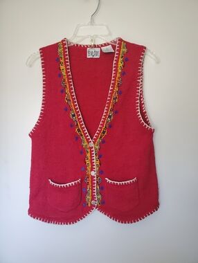 Vtg Star Cody Silk Blend Native Western Y2K Red Beaded Sweater Button Vest Sz S